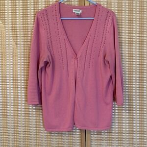 Liz Baker Womens M Cardigan Pink 3/4 Sleeve Eyelet Barbie Preppy Office Granny‎